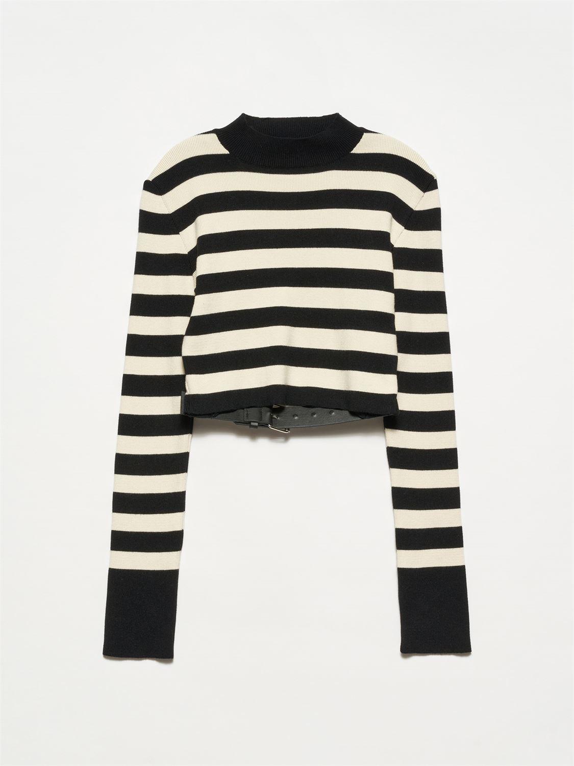 10331 Half Turtleneck Low-cut Back Sweater with Belt-Black-Cream