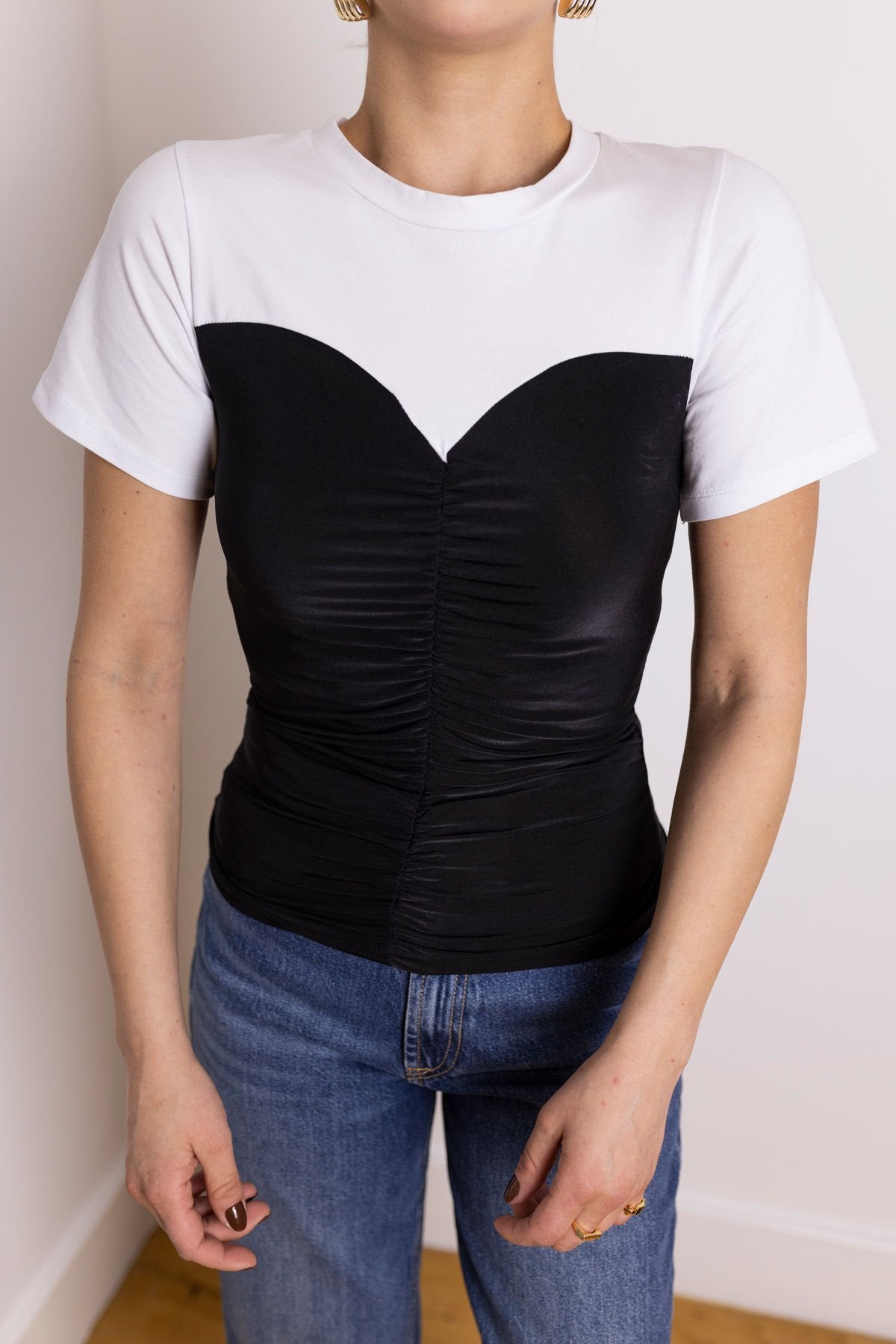 23707 White Bustier Look Blouse with Front Gipe Detail