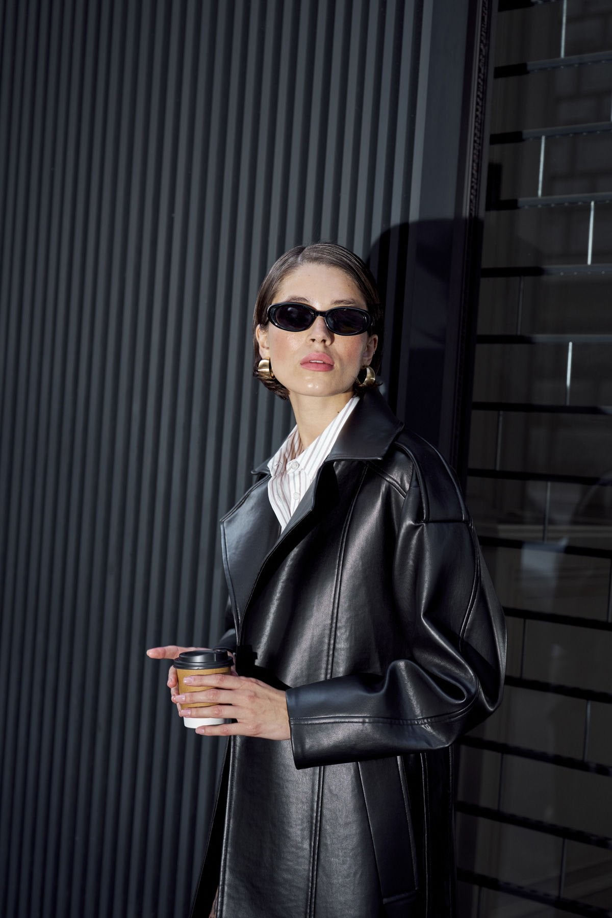117-002 Black Double Breasted Collar Belted Design Leather Trench Coat