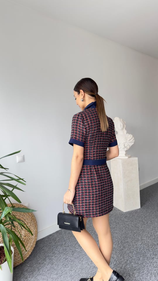 34054 Colorful Tweed Dress with Denim Garnish