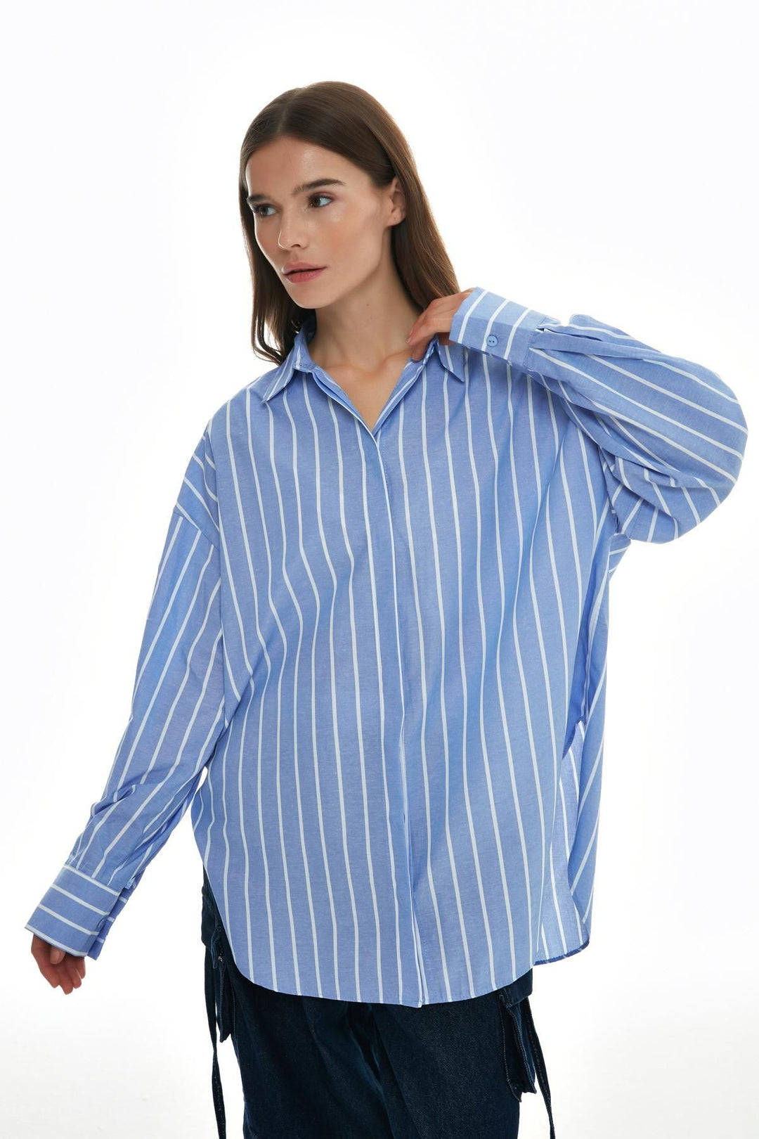 11588Striped Oversize Shirt Blue