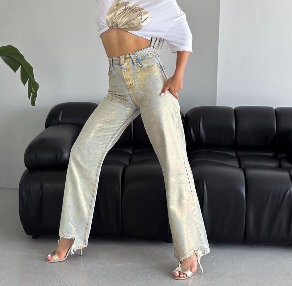 Metallic wide leg jeans gold