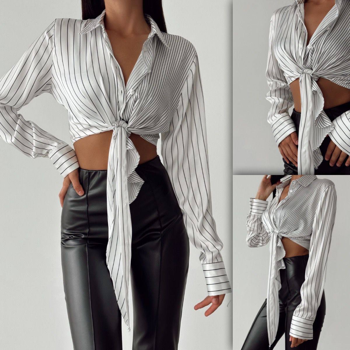11632 Crop White Blouse With Black Lines