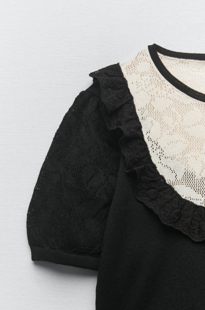 10541 Crew Neck Lace Crop Knitwear Sweater