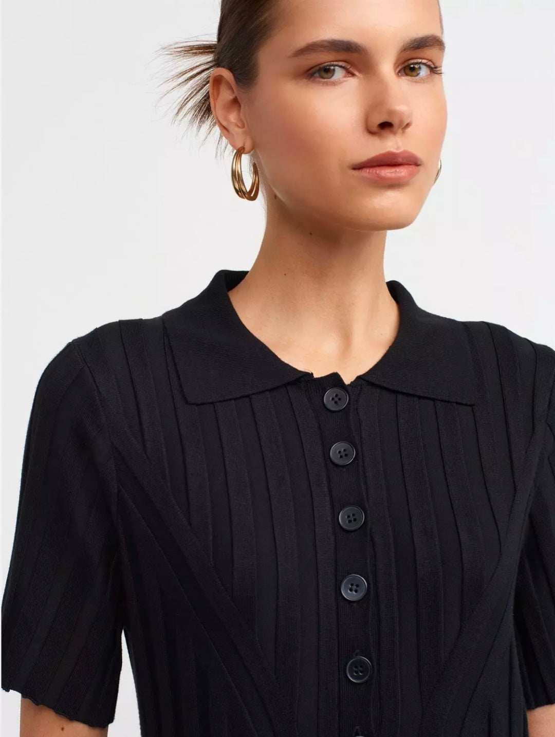 90197 Polo Neck Ribbed Buttoned Knitwear Dress