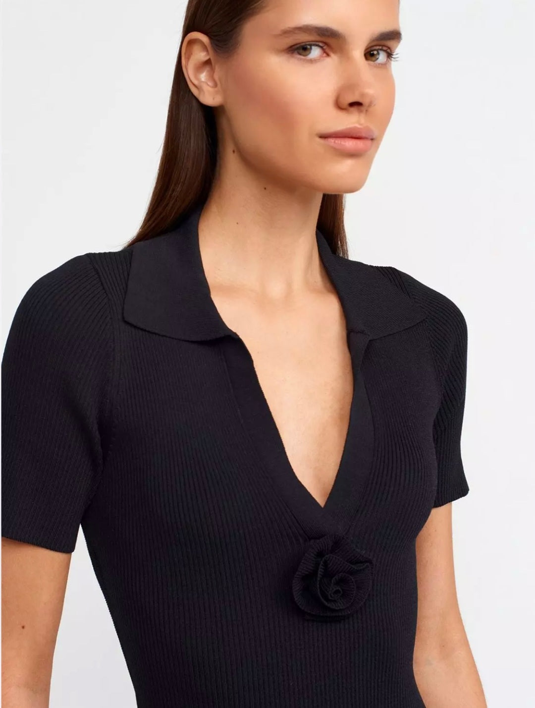 90194 Polo Neck Floral Detailed Knitwear Dress-Black