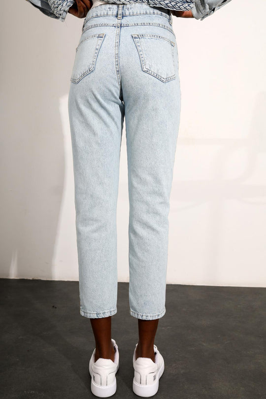16051 Ice Blue High Waist Front Rope Detailed Jeans
