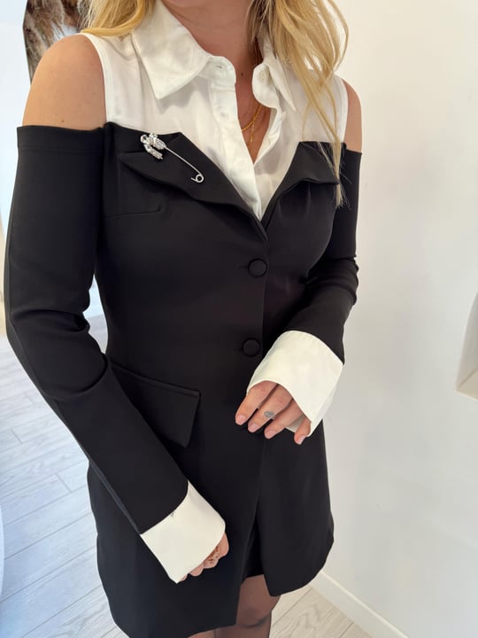 34022Black Front Button Design Dress with Stone Brooch