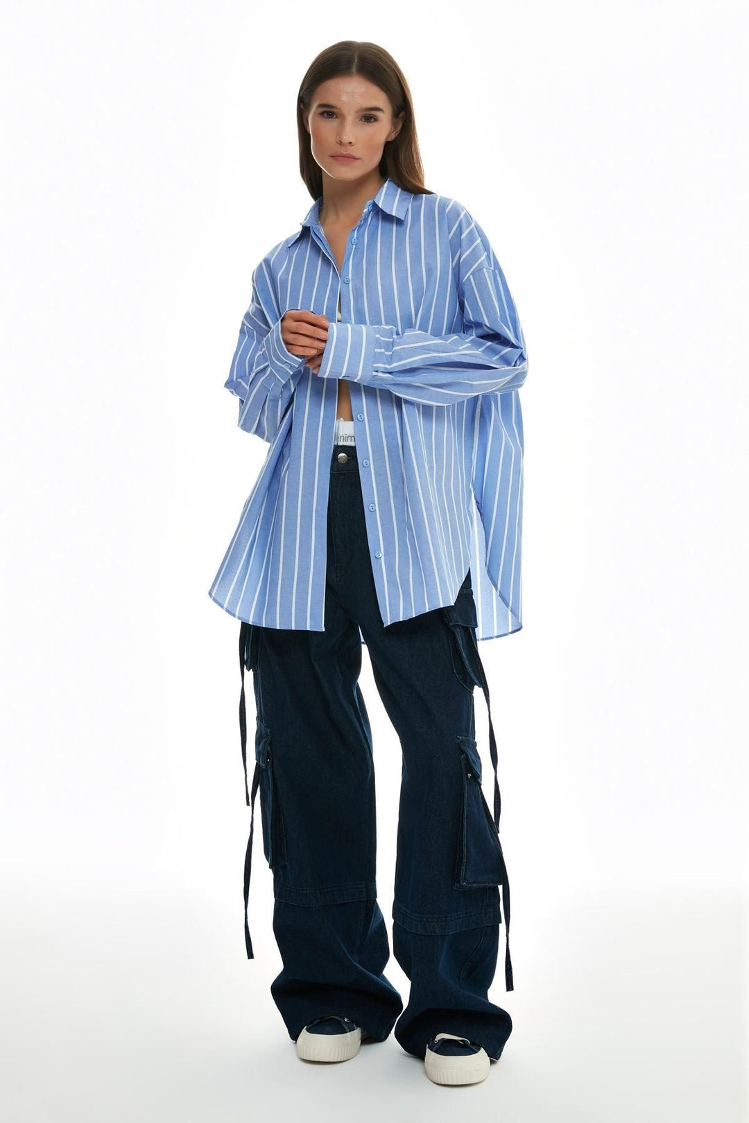 11588Striped Oversize Shirt Blue