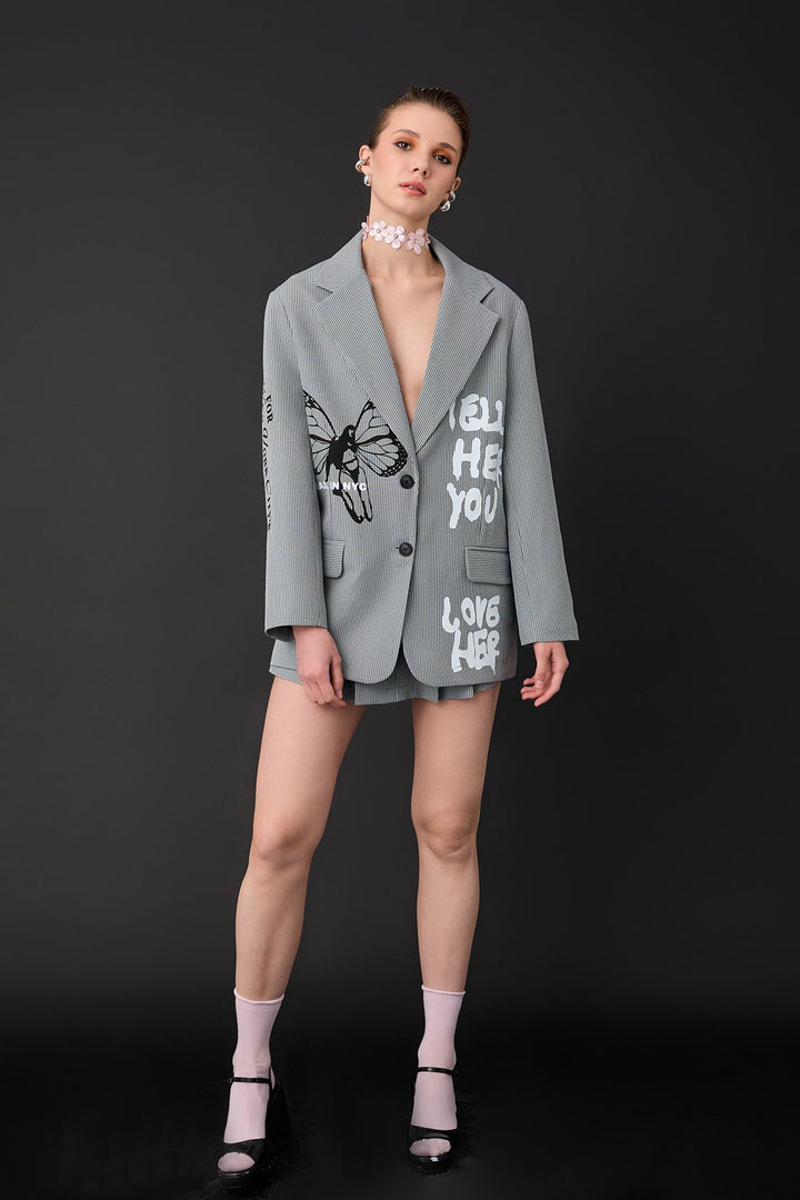 51383 Pinstripe Print Detailed Blazer Jacket