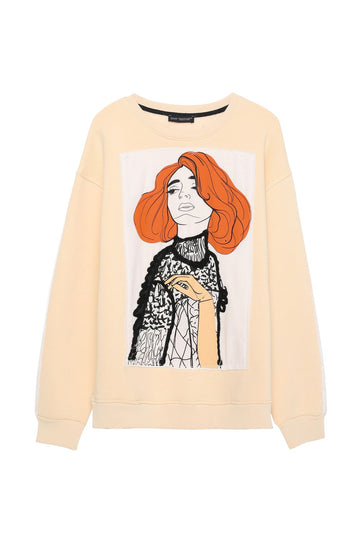 17762Patch Detailed Printed Sweatshirt Beige
