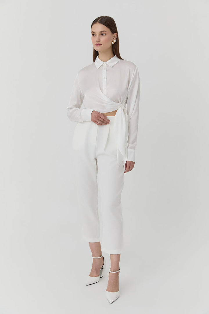11701Double Breasted Tie Detailed Satin Shirt