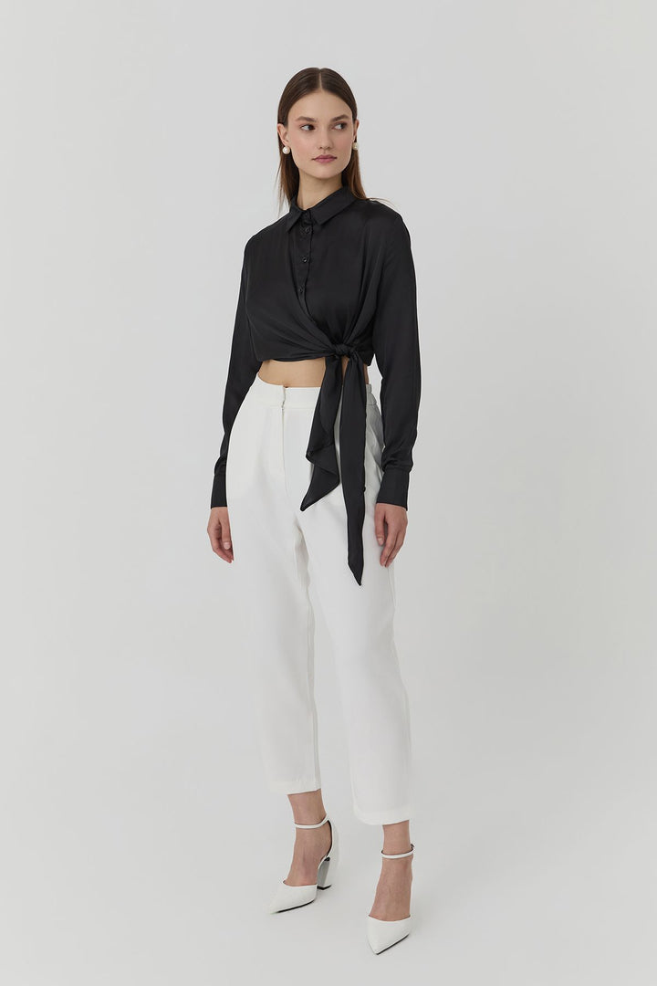 11701Double Breasted Tie Detailed Satin Shirt