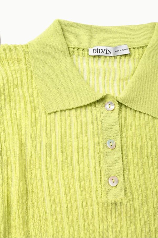 10376 Polo Neck Buttoned Short Sleeve Sweater