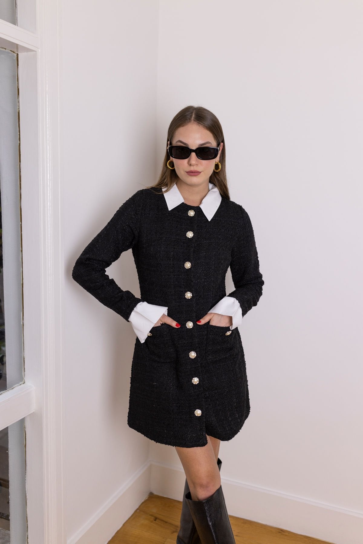 23729 Black Detailed Shirt Detailed Tweed Dress