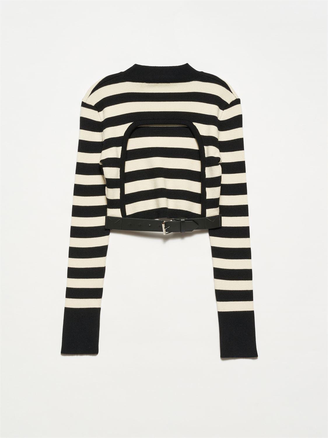 10331 Half Turtleneck Low-cut Back Sweater with Belt-Black-Cream