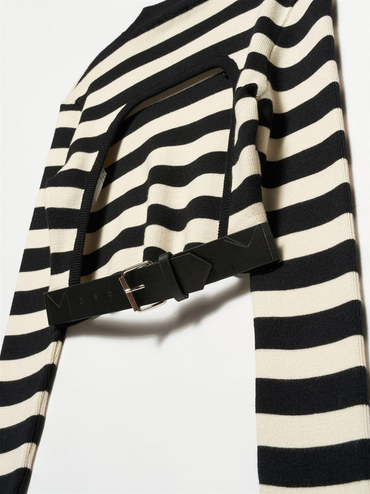 10331 Half Turtleneck Low-cut Back Sweater with Belt-Black-Cream