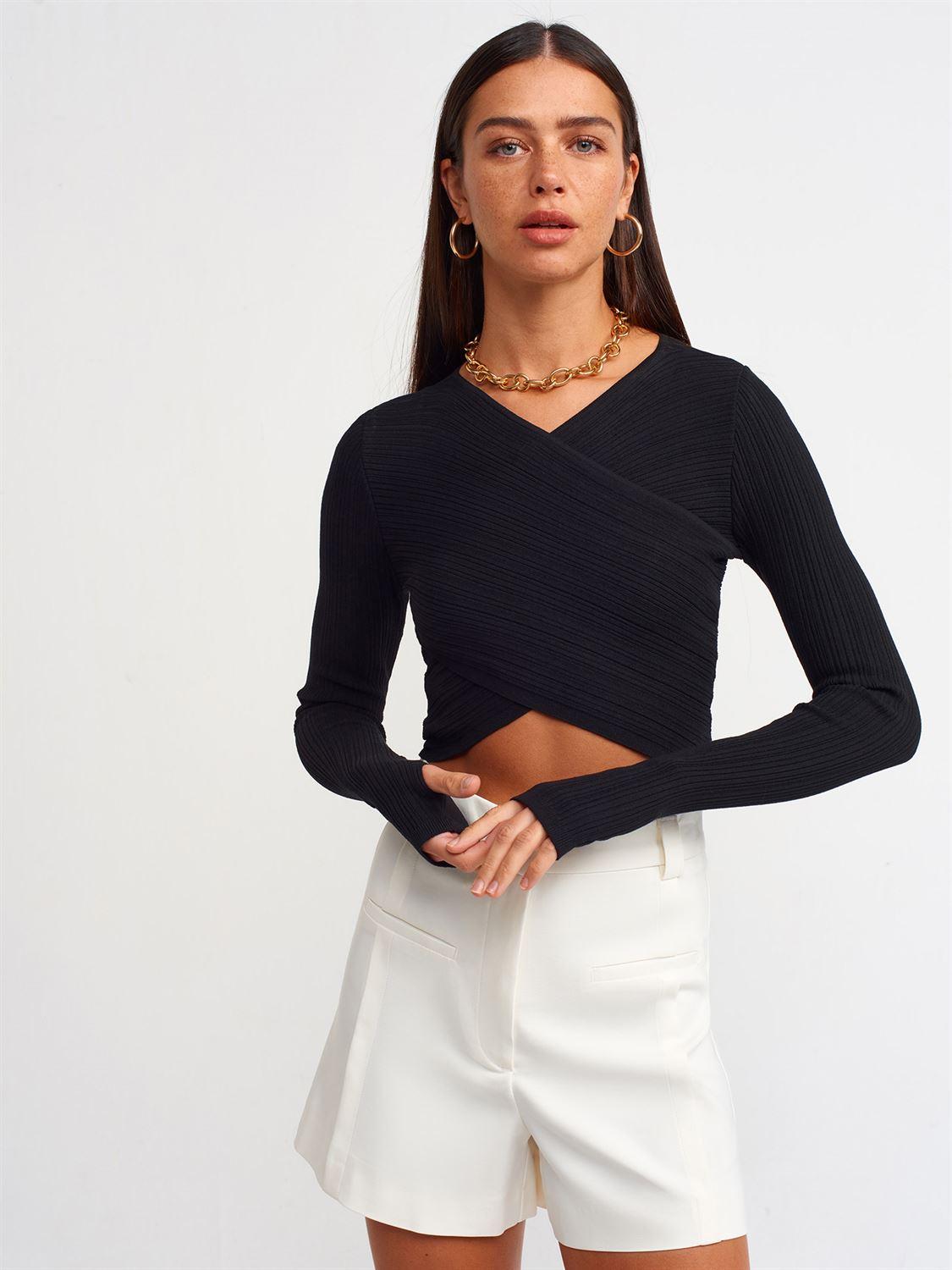 10354 V Neck Front Side Crop Sweater