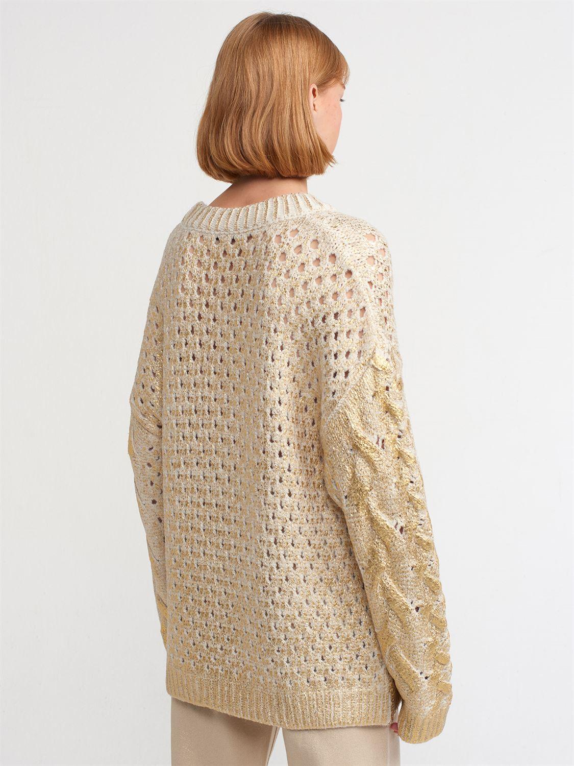 10465 Foil Print Hair Knitted Sweater-Ecru-Gold