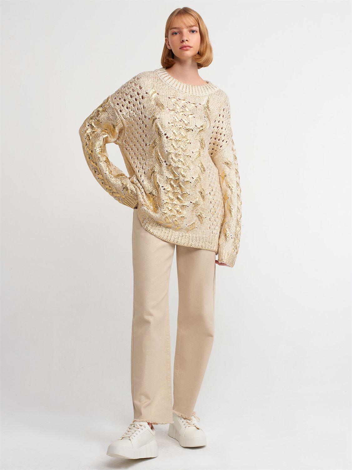 10465 Foil Print Hair Knitted Sweater-Ecru-Gold