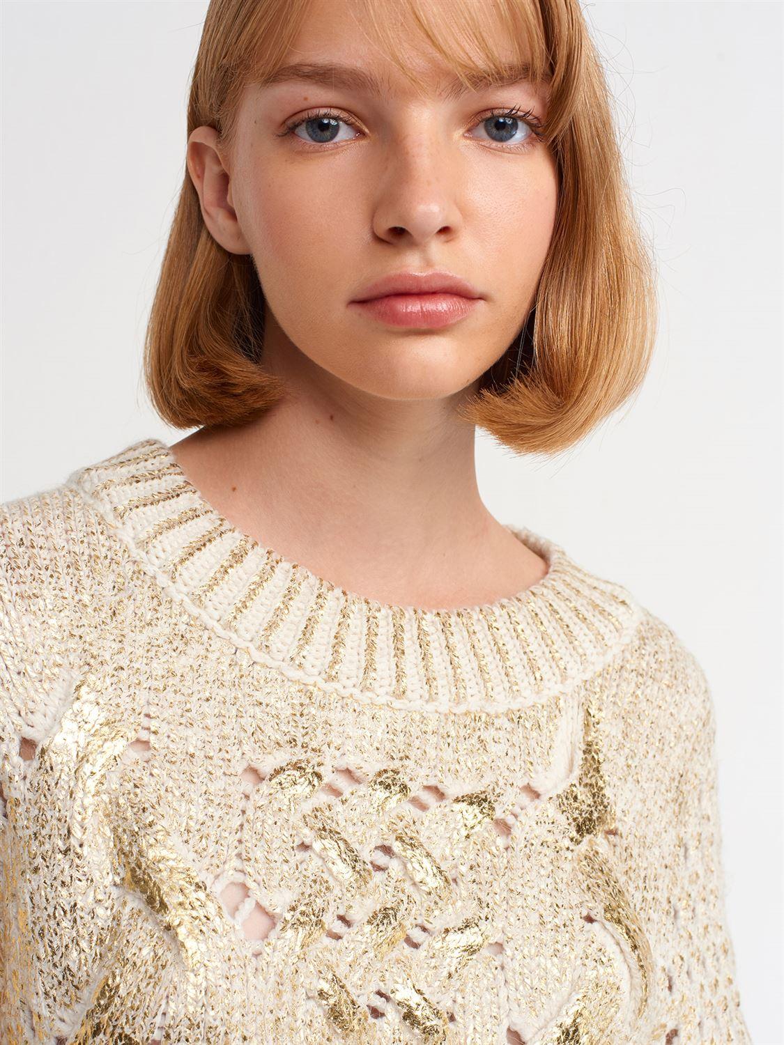 10465 Foil Print Hair Knitted Sweater-Ecru-Gold