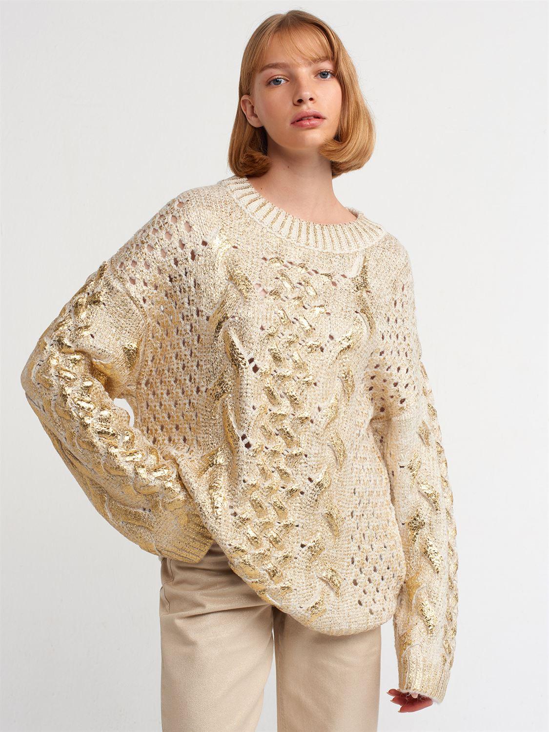 10465 Foil Print Hair Knitted Sweater-Ecru-Gold