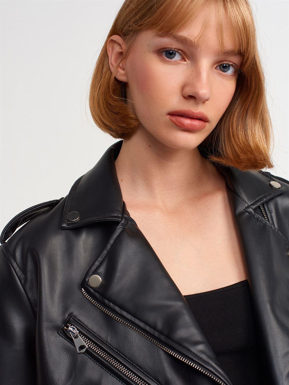 60376 Oversize Faux Leather Biker Jacket