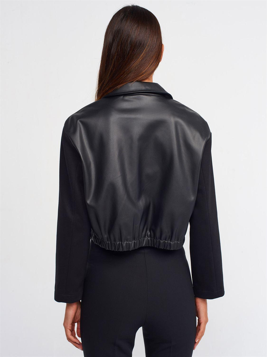 60717 Faux Leather Garnished Bomber Jacket