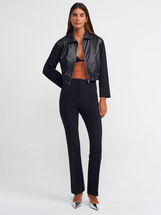 60717 Faux Leather Garnished Bomber Jacket