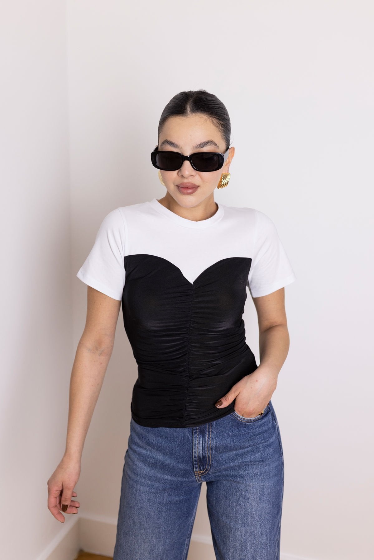 23707 White Bustier Look Blouse with Front Gipe Detail