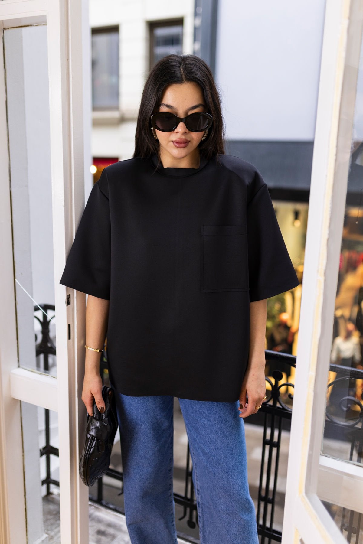 34010 Black Scuba Fabric Back Full Zipper Blouse