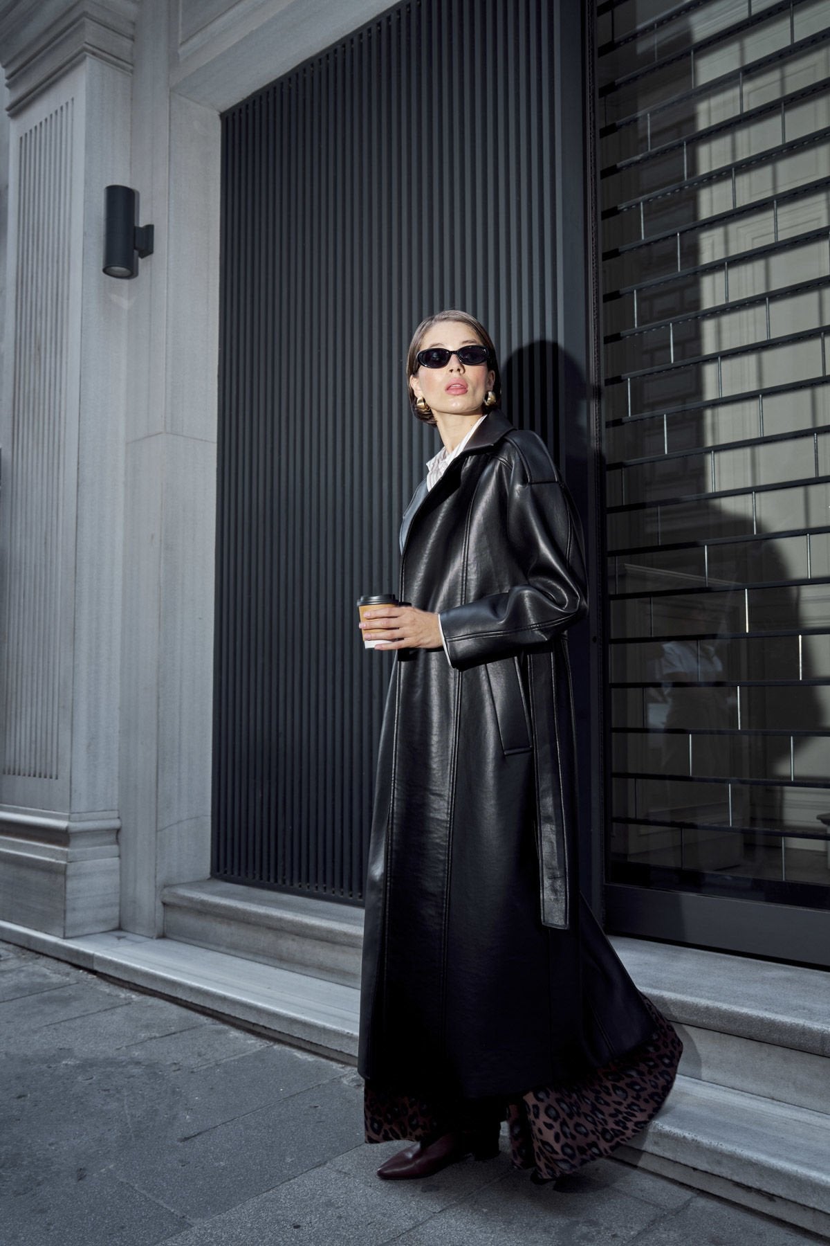 117-002 Black Double Breasted Collar Belted Design Leather Trench Coat