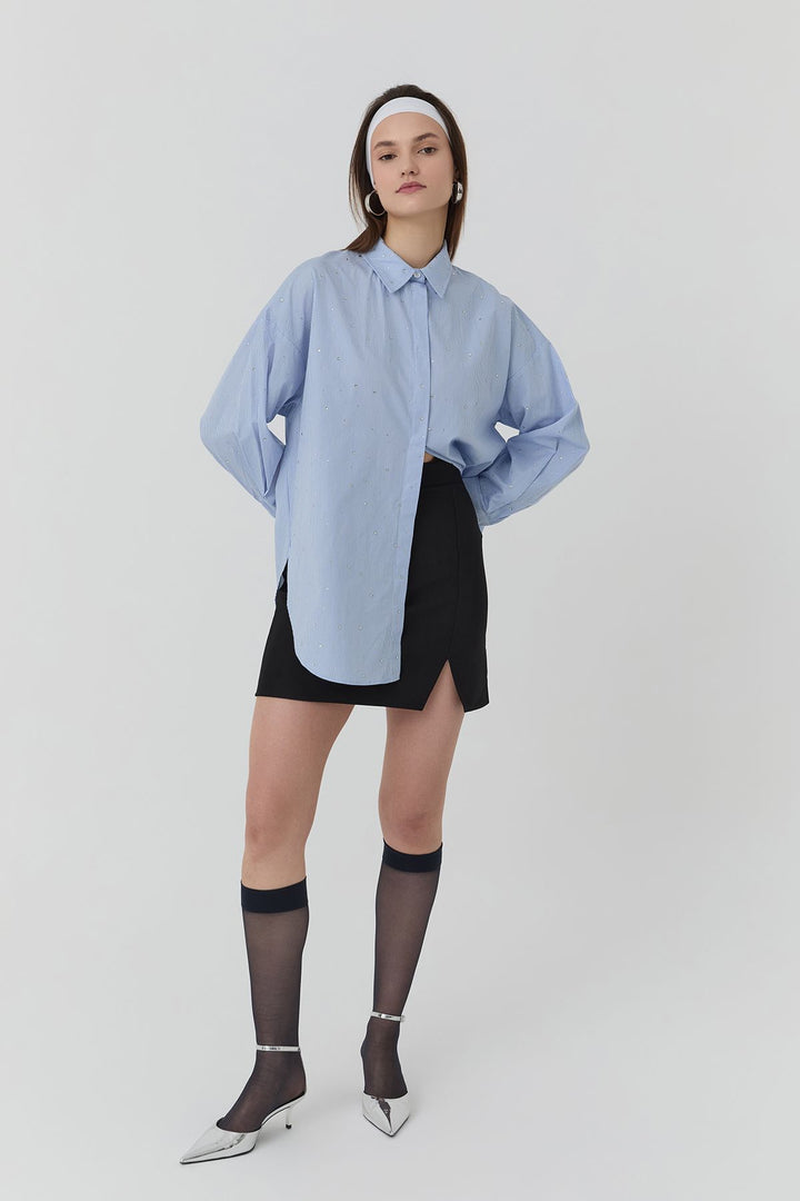 11677 Striped Oversize Shirt with Stone Accessories Blue