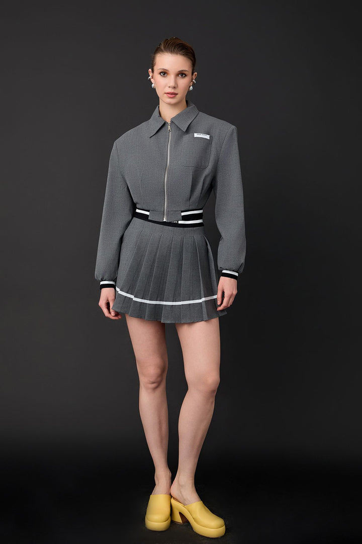 51363Ribbed Detailed Zippered Short Jacket