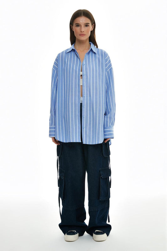 11588Striped Oversize Shirt Blue