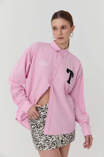 11697 Embroidery Printed Oversize Shirt Pink