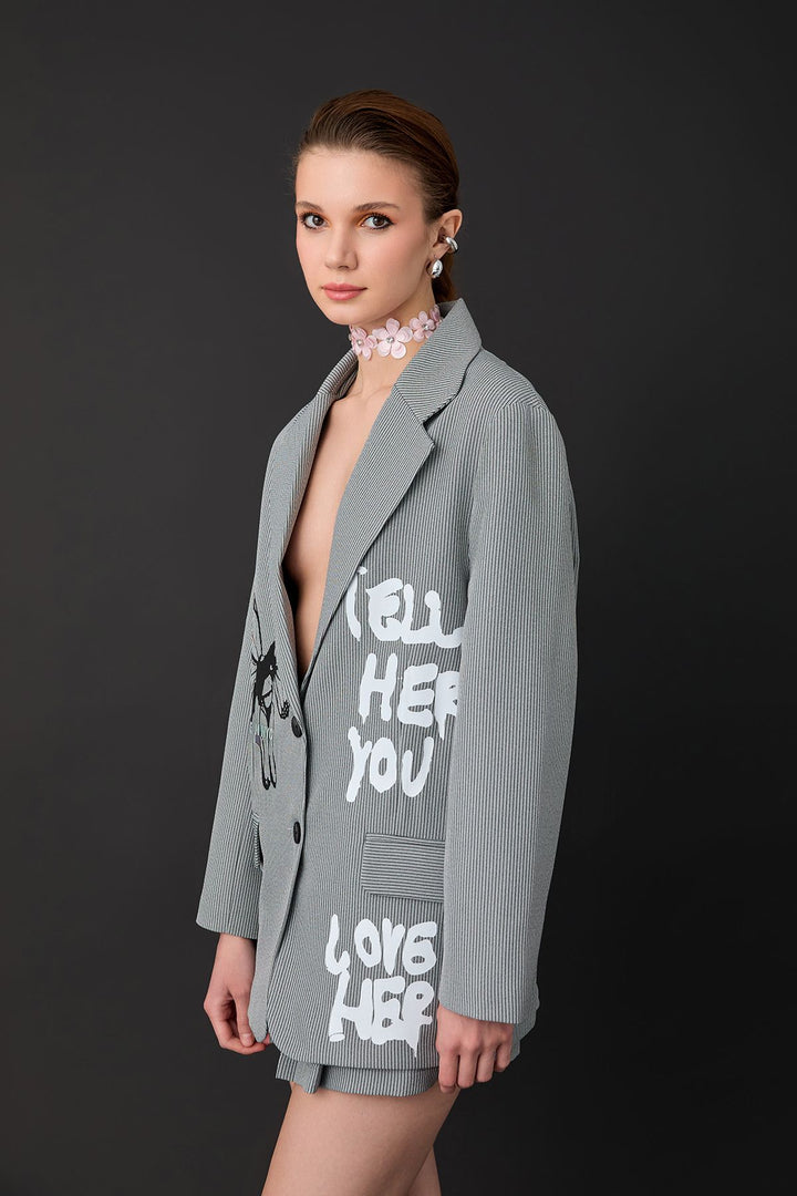 51383 Pinstripe Print Detailed Blazer Jacket