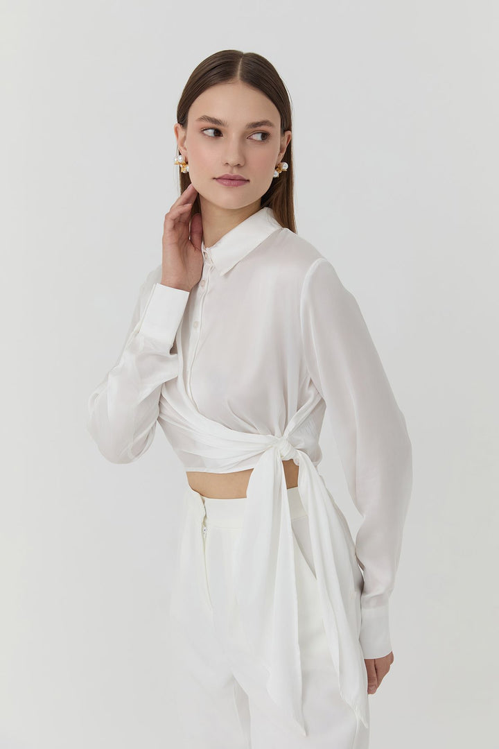 11701Double Breasted Tie Detailed Satin Shirt