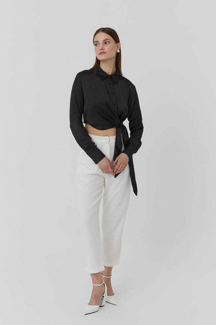 11701Double Breasted Tie Detailed Satin Shirt