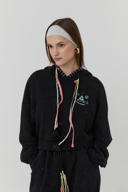Embroidery Printed Vintage Detailed Hooded Sweatshirt