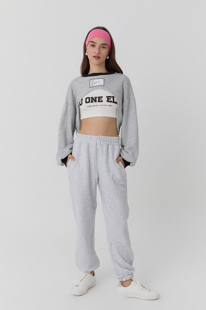 17813Undershirt Detailed Printed Crop Sweatshirt