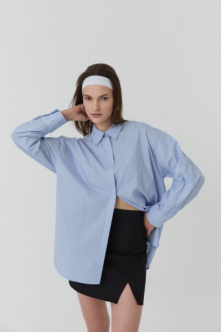 11677 Striped Oversize Shirt with Stone Accessories Blue