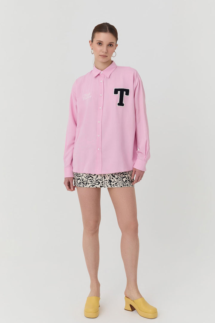 11697 Embroidery Printed Oversize Shirt Pink