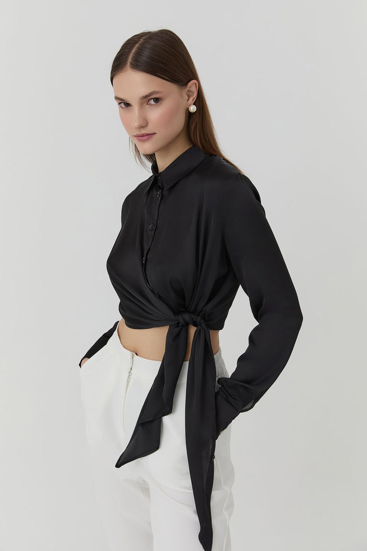 11701Double Breasted Tie Detailed Satin Shirt