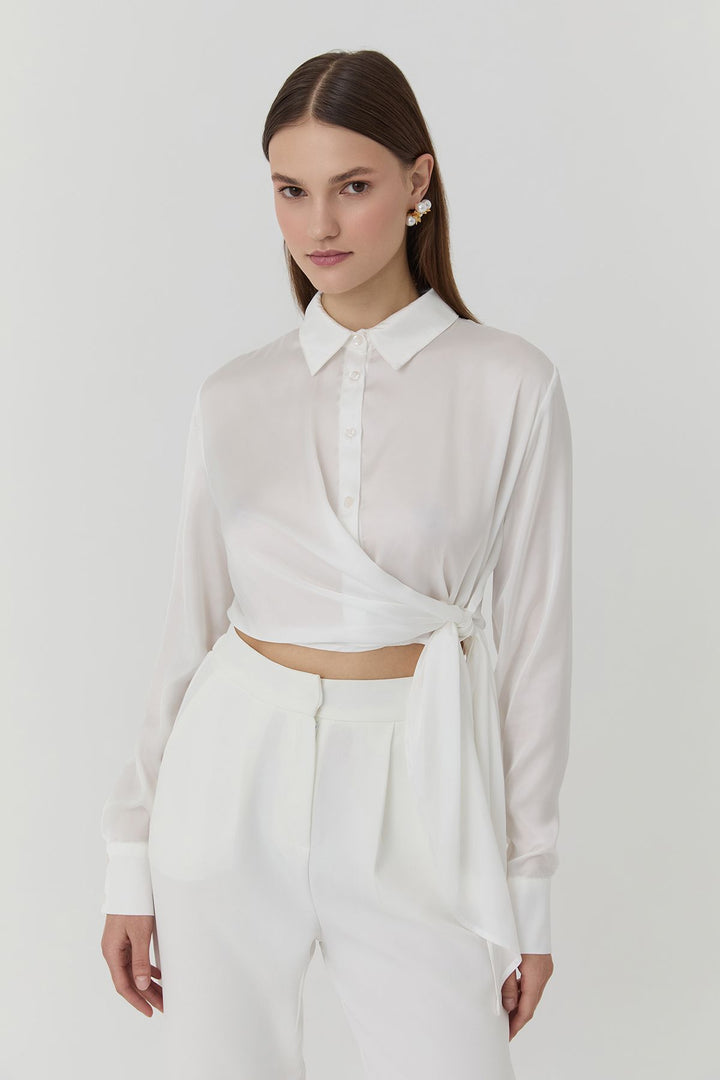 11701Double Breasted Tie Detailed Satin Shirt