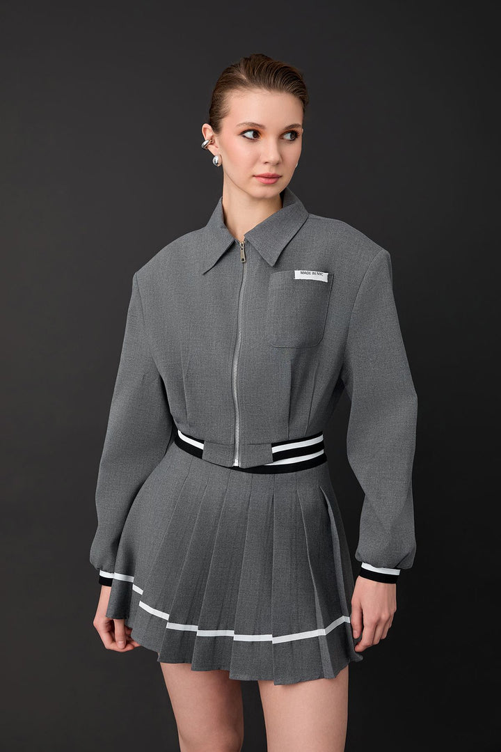 51363Ribbed Detailed Zippered Short Jacket