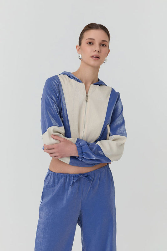 51366Shiny Look Hooded Zipper Jacket Blue