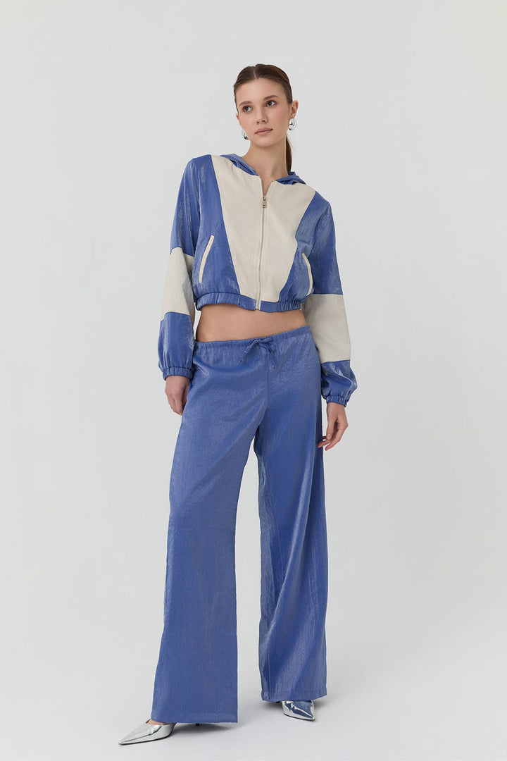 51366Shiny Look Hooded Zipper Jacket Blue