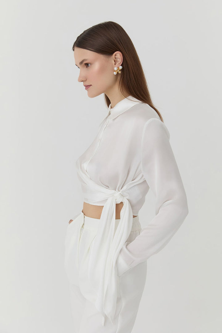 11701Double Breasted Tie Detailed Satin Shirt