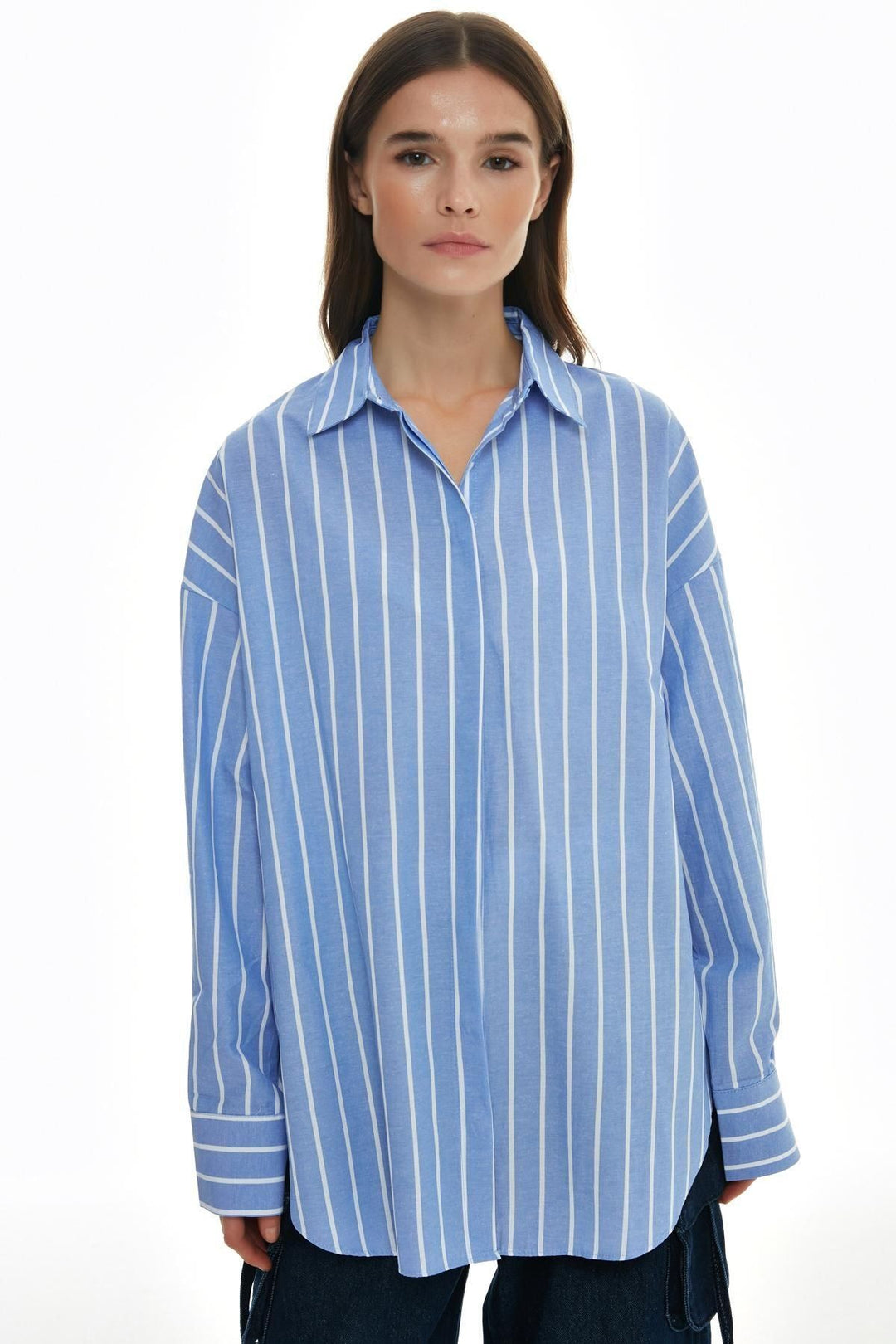 11588Striped Oversize Shirt Blue